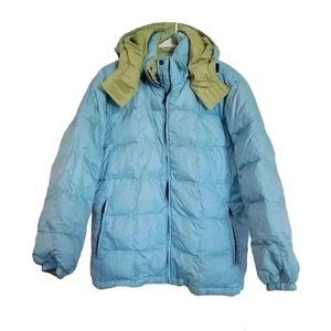 Lands' End Women's Aqua Blue & Lime Green Nylon Reversible Down Puffer Coat w De